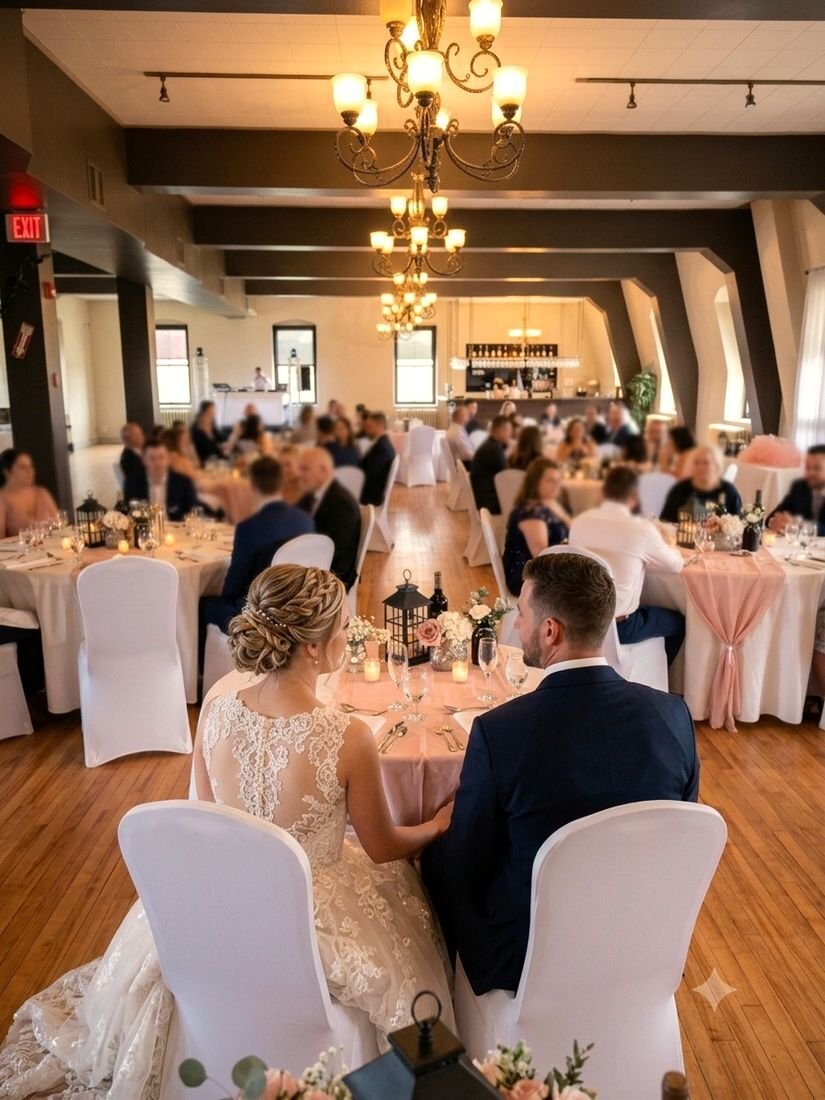 Salle des Bois-Francs dressée pour un mariage, plancher de bois franc et poutres apparentes