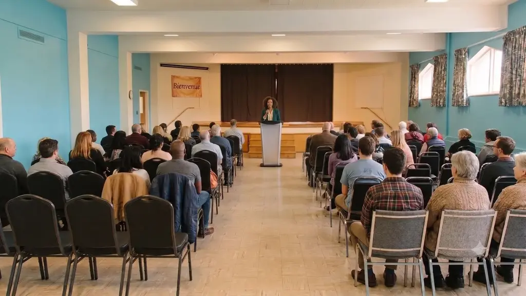 Salle du 3e étage du Complexe d'affaires Le 905 montée en conférence avec scène et lutrin, à Victoriaville