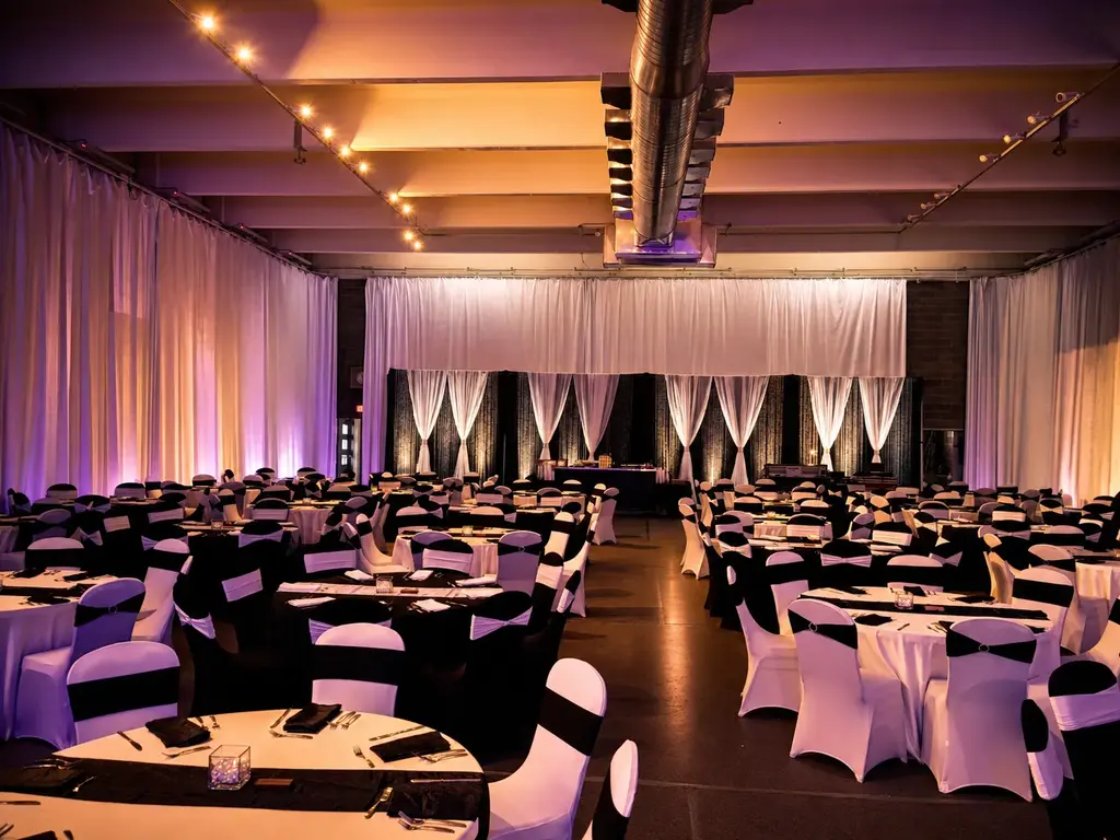 Salle Vision décorée avec rideaux et éclairage d'ambiance pour un party d'entreprise au Complexe d'affaires Le 905