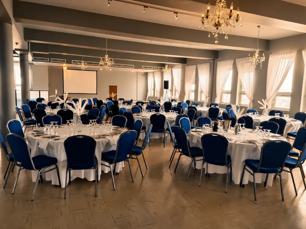 Salle Cristal du Complexe d'affaires Le 905 montée en banquet corporatif avec écran de projection, à Victoriaville